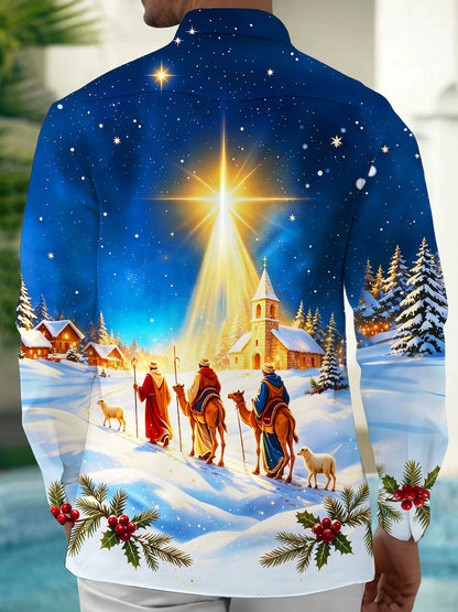 Adaychic Men's Christmas Three Wise Men And Camels Print Long Sleeve Shirt with Chest Pocket
