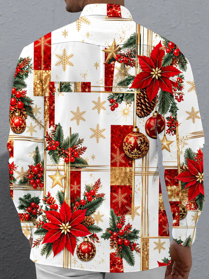 Adaychic Men's Christmas Poinsettia And Ornaments Print Long Sleeve Shirt with Chest Pocket