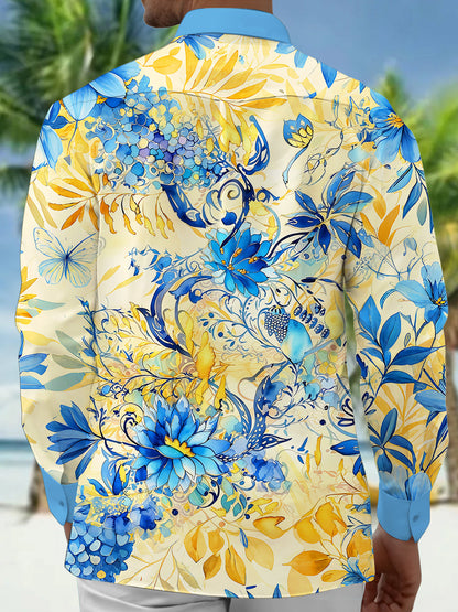 Adaychic Men's Blue Watercolor Flowers Print Long Sleeve Shirt with Chest Pocket
