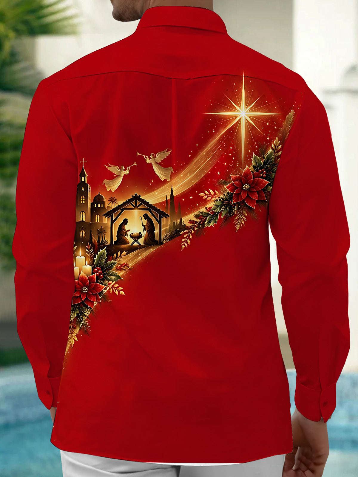 Adaychic Men's Nativity Scene With Poinsettias And Star Print Long Sleeve Shirt with Chest Pocket