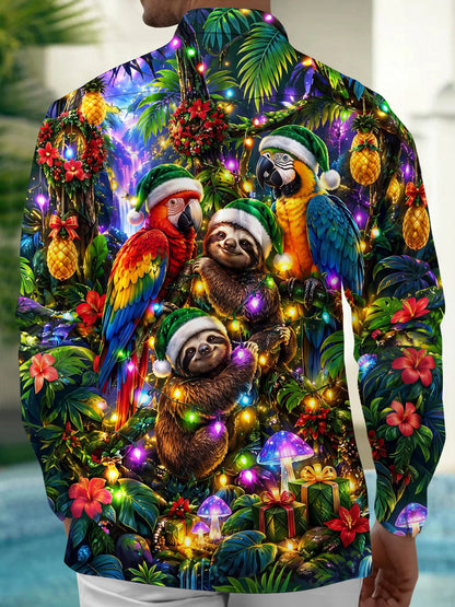 Adaychic Men's Hawaiian Christmas Sloths And Parrots Print Long Sleeve Shirt with Chest Pocket
