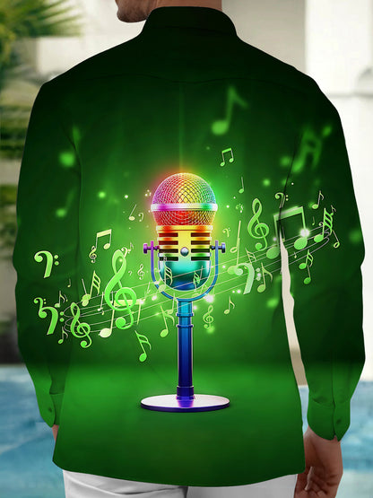 Adaychic Men's Graphic Rainbow Microphone Print Long Sleeve Shirt with Chest Pocket