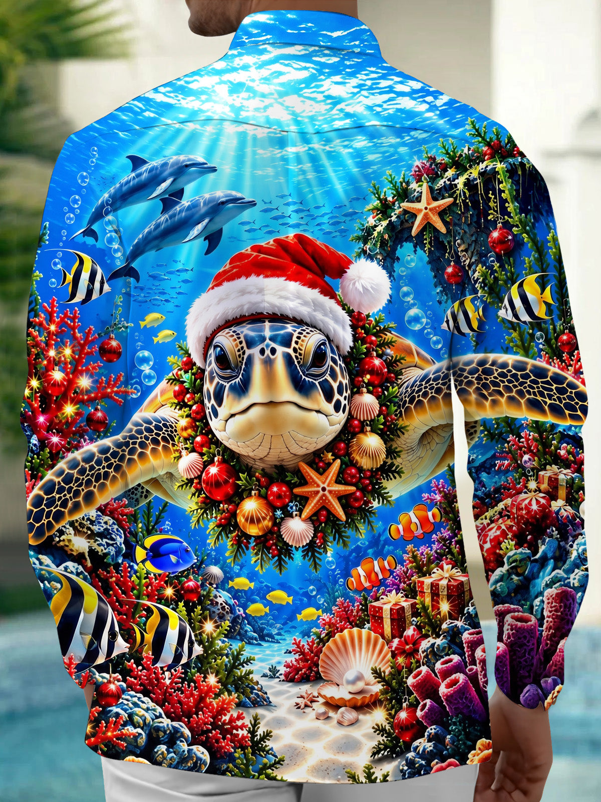 Adaychic Men's Long Sleeve Shirt - Sea Turtle Wearing Santa Hat And Christmas Wreath Print with Chest Pocket