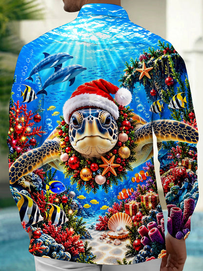Adaychic Men's Long Sleeve Shirt - Sea Turtle Wearing Santa Hat And Christmas Wreath Print with Chest Pocket