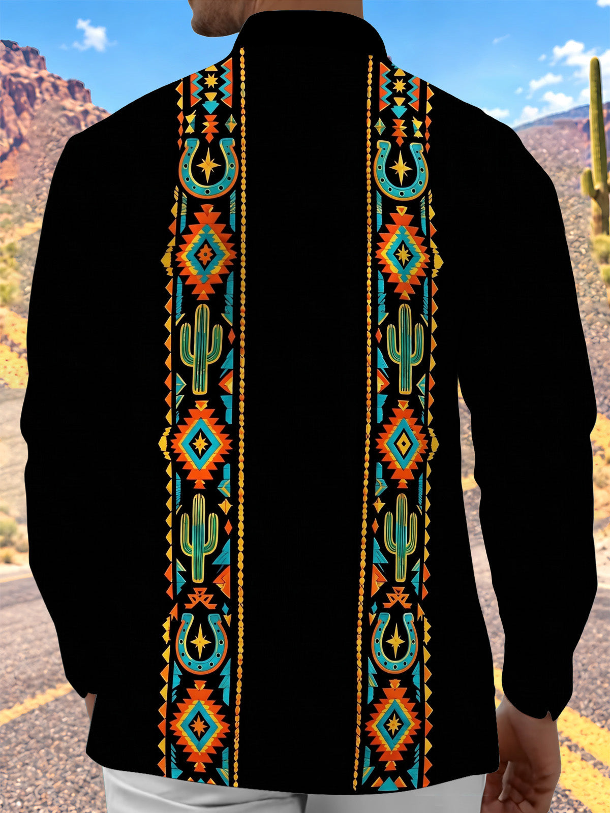 Adaychic Men's Cactus And Geometric Western Patterns Print Long Sleeve Shirt with Chest Pocket