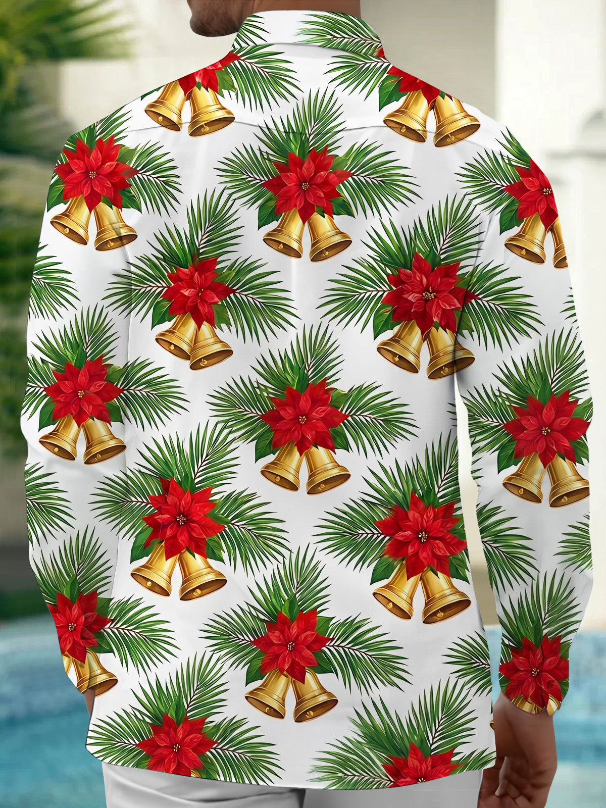 Adaychic Men's Hawaiian Christmas Poinsettia And Bells Print Long Sleeve Shirt