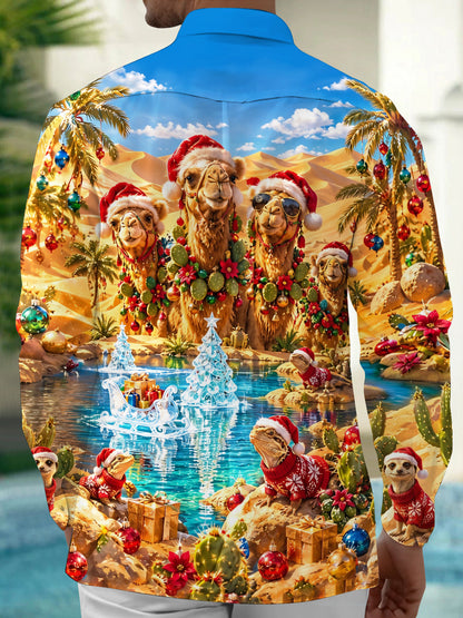 Adaychic Men's Camels And Lizards In Christmas Attire Print Long Sleeve Shirt with Chest Pocket