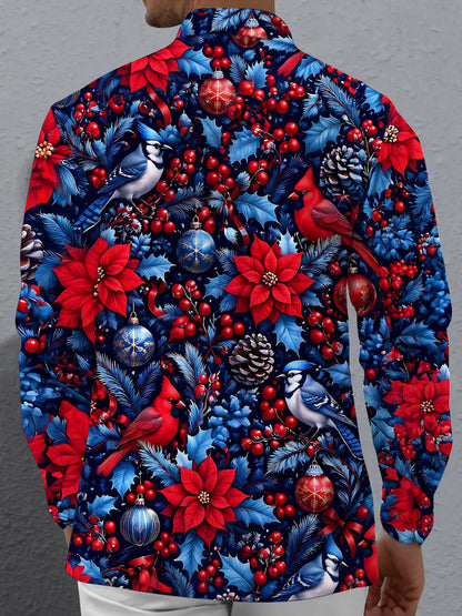 Adaychic Men's Printed Christmas Birds And Ornaments Print Long Sleeve Shirt with Chest Pocket