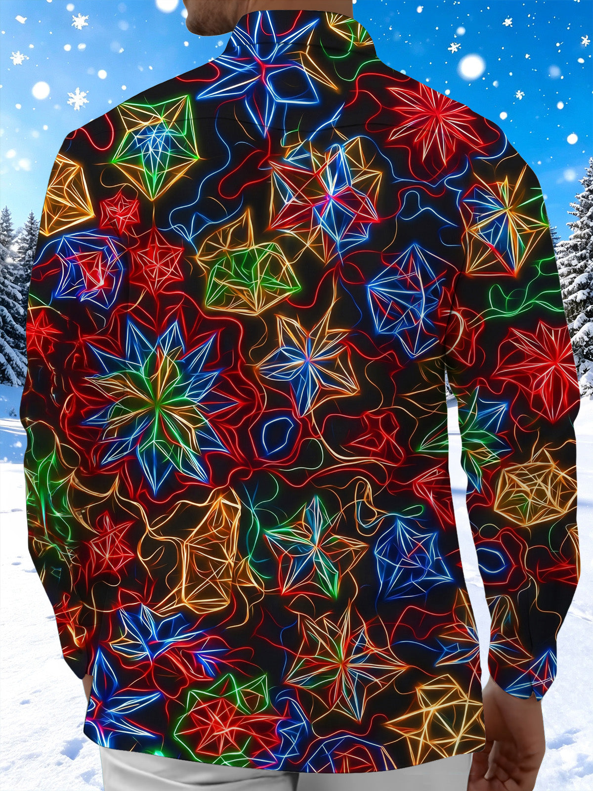 Adaychic Men's Patterned Neon Geometric Snowflakes Print Long Sleeve Shirt with Chest Pocket