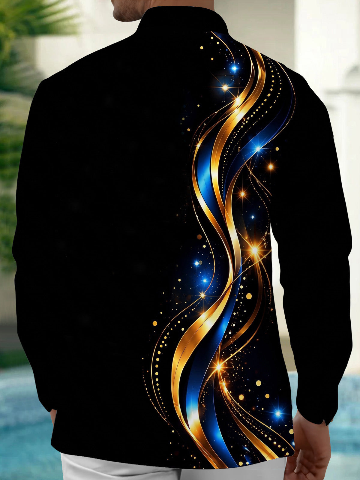 Adaychic Men's Graphic Lion Head Print Golden Waves Print Long Sleeve Shirt with Chest Pocket