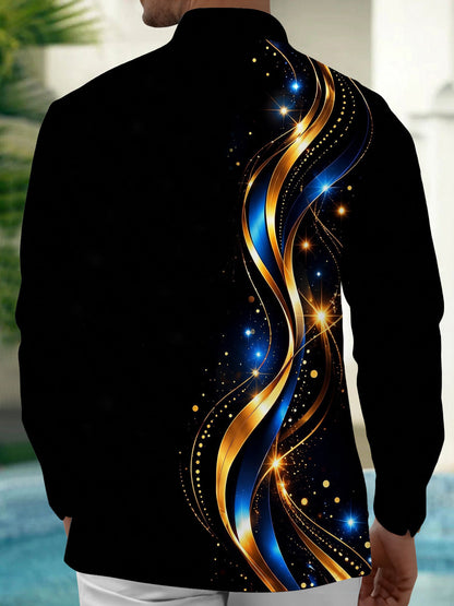 Adaychic Men's Graphic Lion Head Print Golden Waves Print Long Sleeve Shirt with Chest Pocket