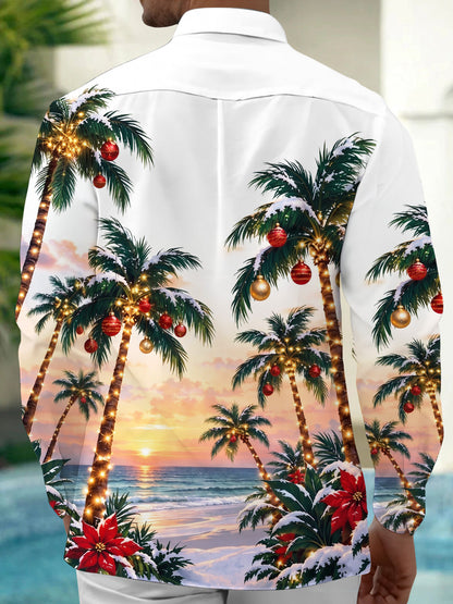 Adaychic Men's Long Sleeve Shirt - Palm Trees With Christmas Ornaments And Lights Print with Chest Pocket
