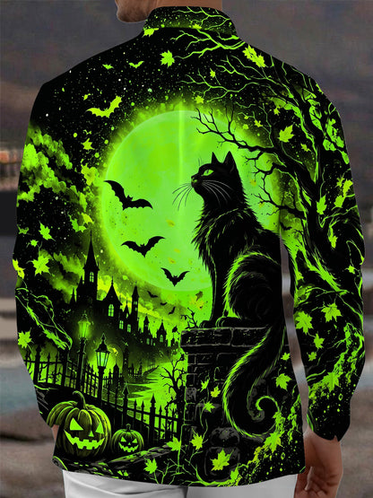 Adaychic Men's Graphic Halloween Black Cat And Pumpkins Print Long Sleeve Shirt with Chest Pocket