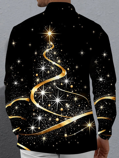 Adaychic Men's Printed Abstract Gold Ribbon Print Long Sleeve Shirt with Chest Pocket