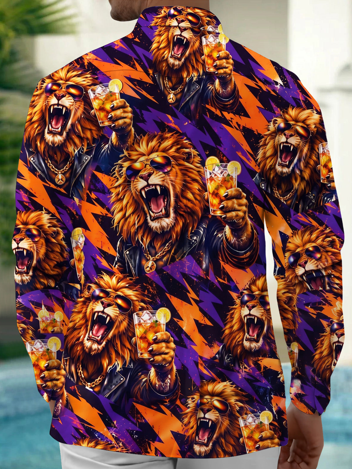 Adaychic Men's Hawaiian Lion With Sunglasses And Drink Print Long Sleeve Shirt with Chest Pocket