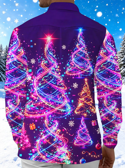 Adaychic Men's Graphic Neon Light Christmas Trees Print Long Sleeve Shirt with Chest Pocket