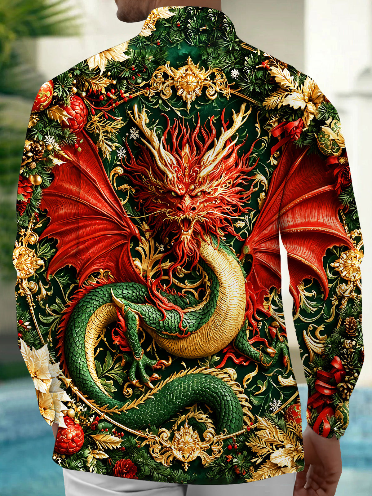 Adaychic Men's Oriental Dragon And Christmas Ornaments Print Long Sleeve Shirt with Chest Pocket