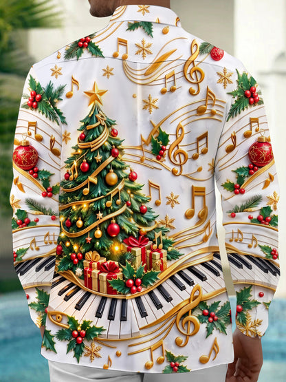 Adaychic Men's Graphic Christmas Tree Print Long Sleeve Shirt with Chest Pocket