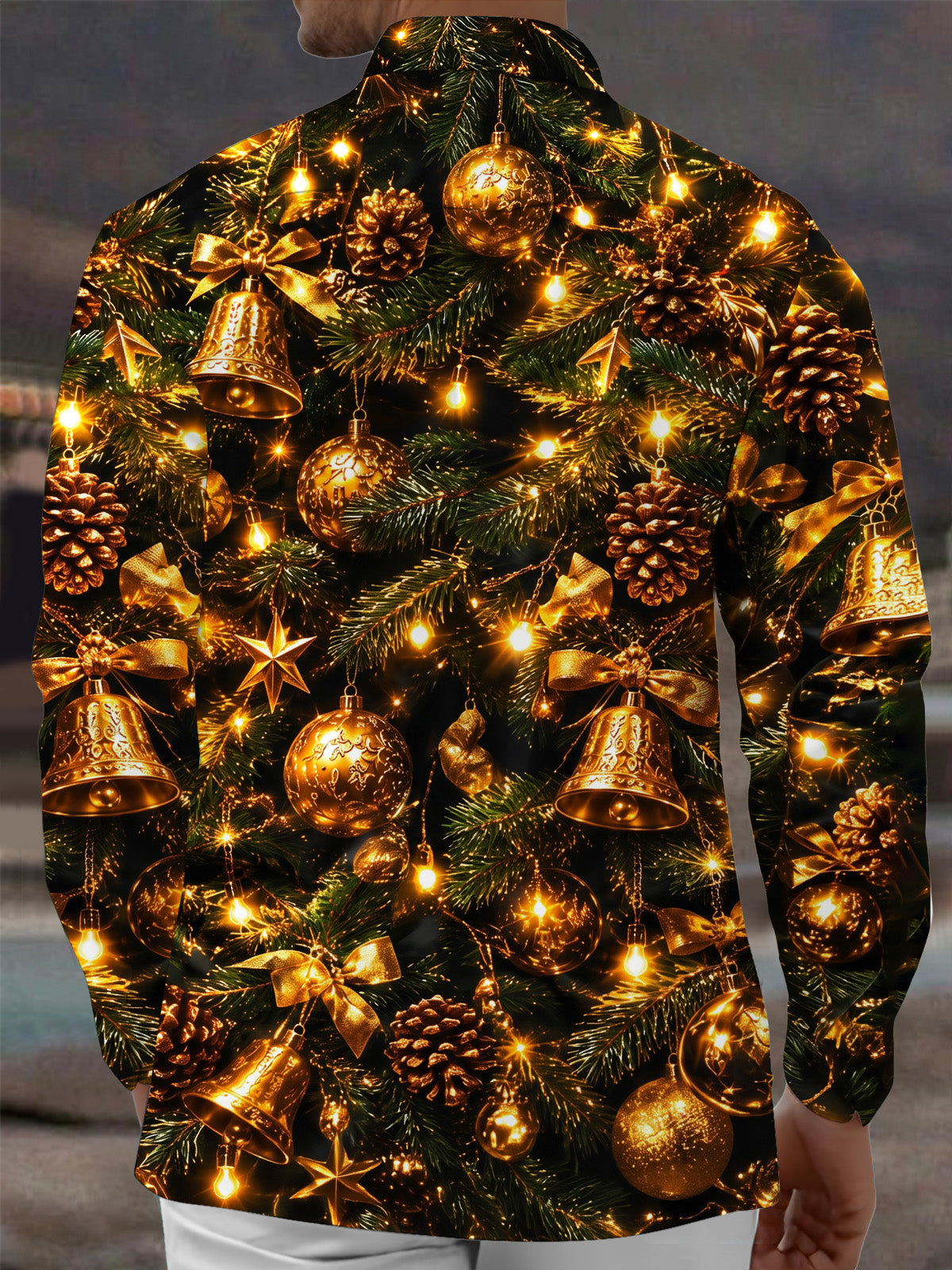 Adaychic Men's Christmas Pine Bells And Ornaments Print Long Sleeve Shirt with Chest Pocket