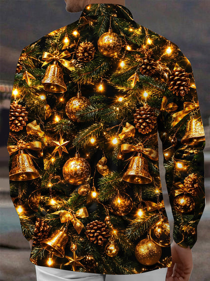 Adaychic Men's Christmas Pine Bells And Ornaments Print Long Sleeve Shirt with Chest Pocket