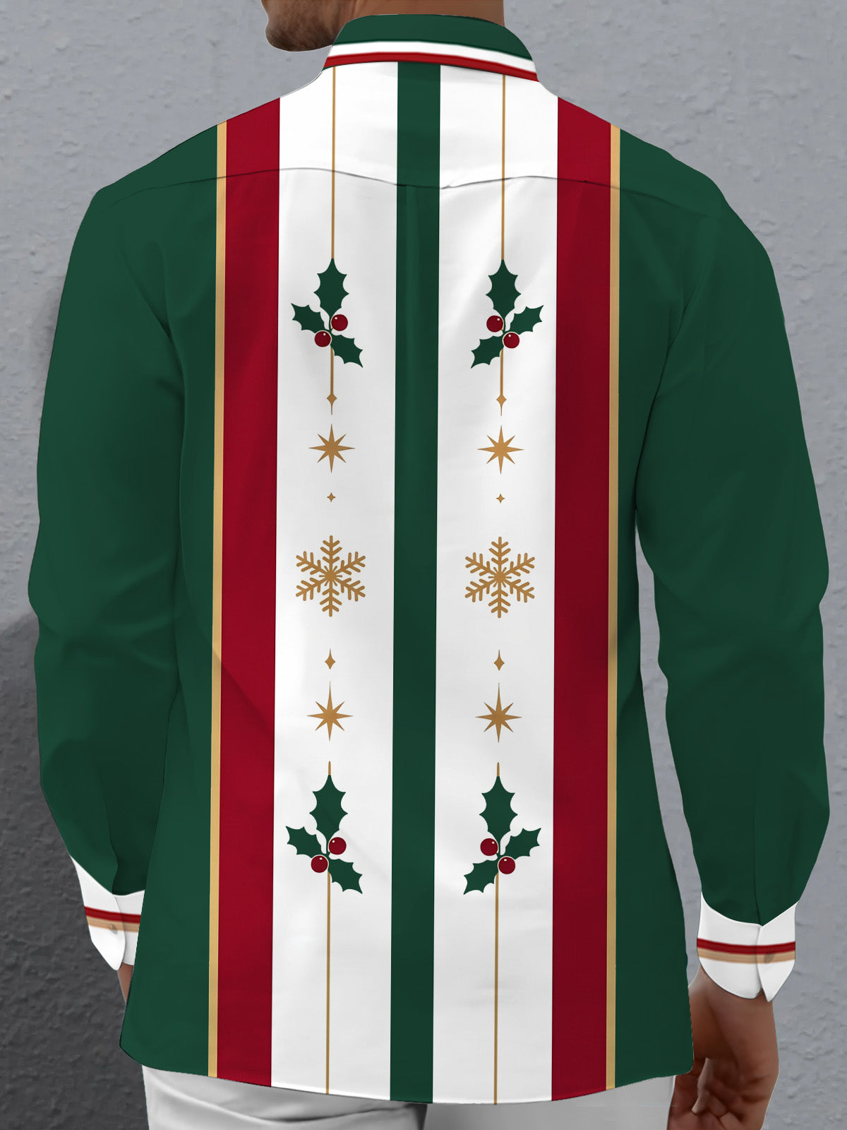 Adaychic Men's Patterned Christmas Holly And Snowflakes Print Long Sleeve Shirt with Chest Pocket