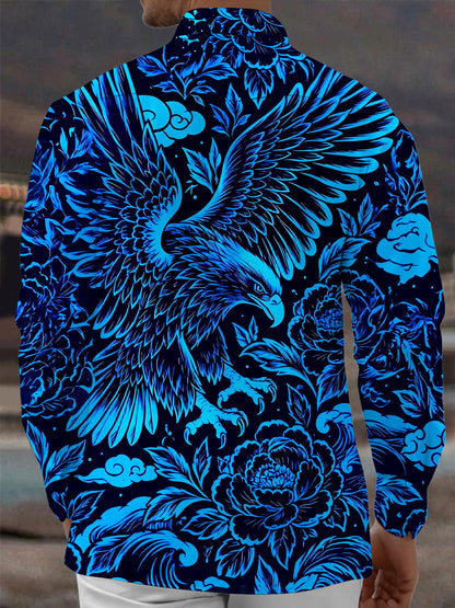 Adaychic Men's Floral Eagle And Floral Pattern Long Sleeve Shirt with Chest Pocket