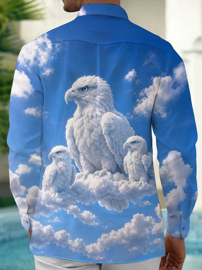 Adaychic Men's Printed White Eagle Birds Print Long Sleeve Shirt with Chest Pocket