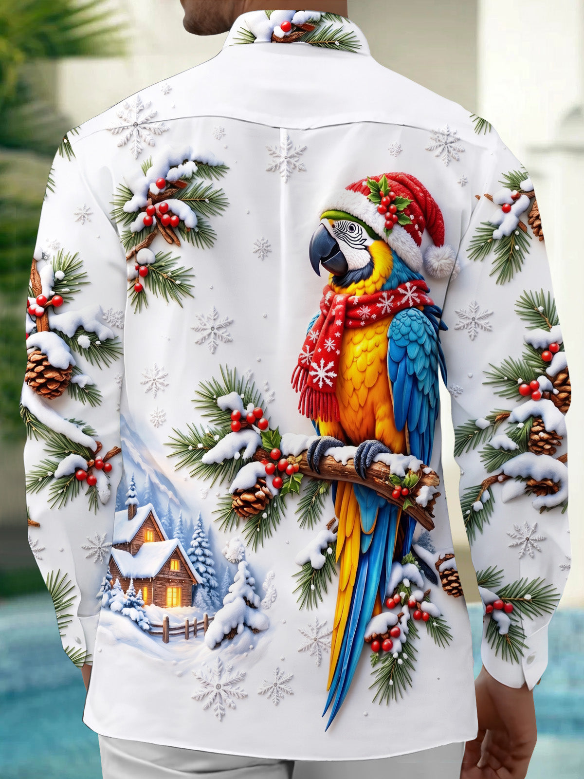 Adaychic Men's Graphic Christmas Parrot Print Long Sleeve Shirt with Chest Pocket
