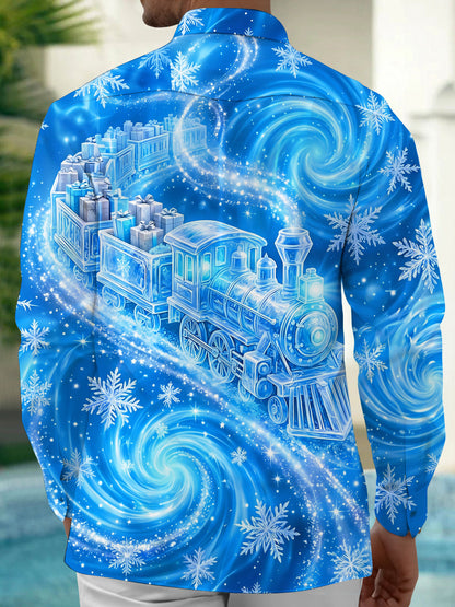 Adaychic Men's Printed Christmas Train And Gifts Print Long Sleeve Shirt