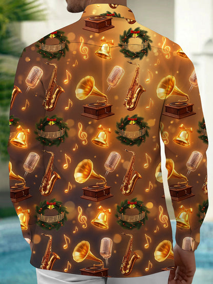 Adaychic Men's Christmas Wreath And Musical Instruments Print Long Sleeve Shirt with Chest Pocket