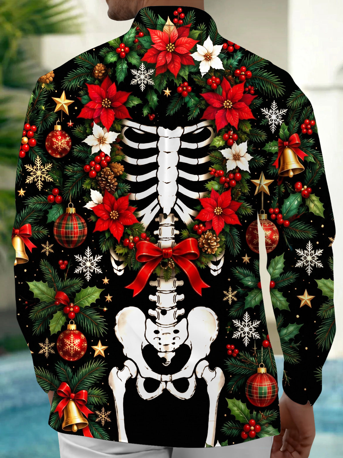 Adaychic Men's Skeleton Torso And Christmas Ornaments Print Long Sleeve Shirt with Chest Pocket