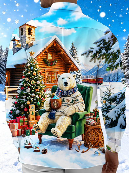 Adaychic Men's Long Sleeve Shirt - Christmas Polar Bear In Winter Cabin Scene Print with Chest Pocket