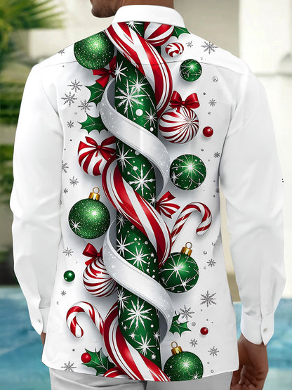 Adaychic Men's Printed Christmas Ornaments Print Long Sleeve Shirt with Chest Pocket