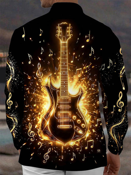 Adaychic Men's Graphic Electric Guitar Print Long Sleeve Shirt with Chest Pocket