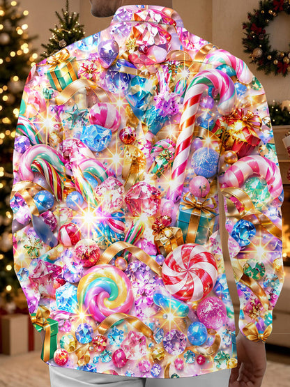 Adaychic Men's Christmas Candy Canes And Lollipops Print Long Sleeve Shirt with Chest Pocket