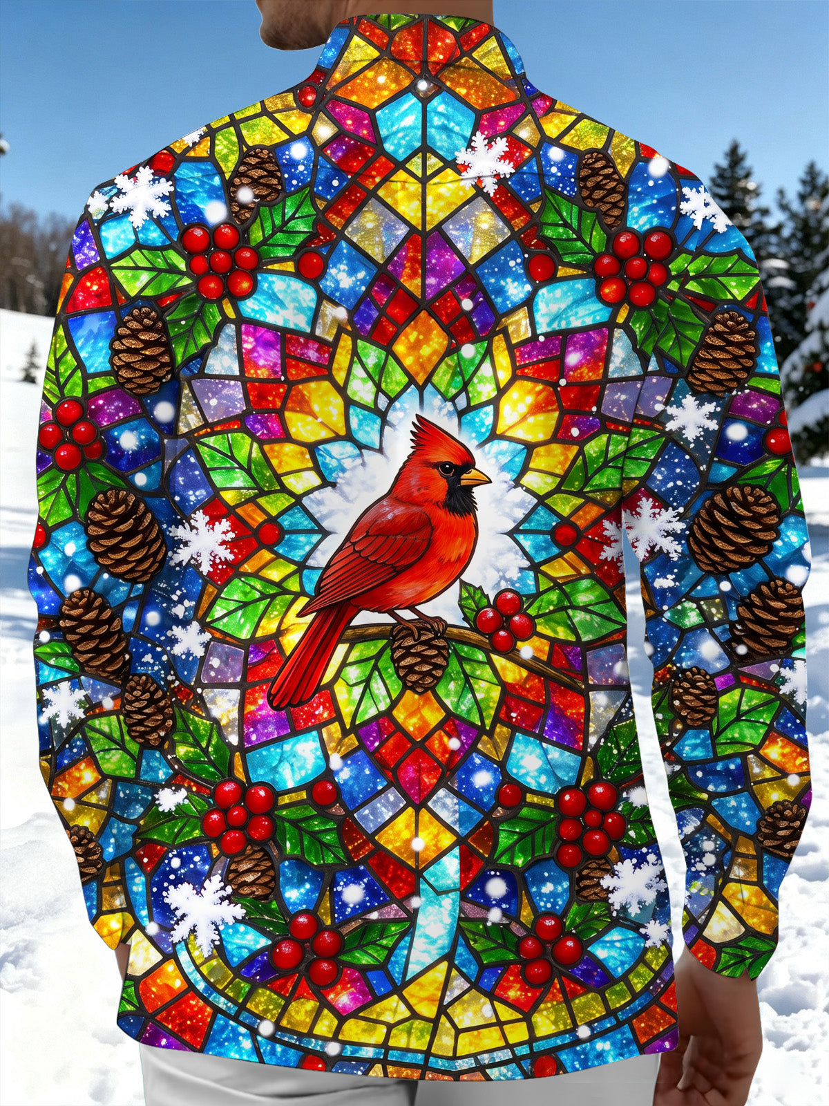 Adaychic Men's Christmas Stained Glass Cardinal Bird Print Long Sleeve Shirt with Chest Pocket