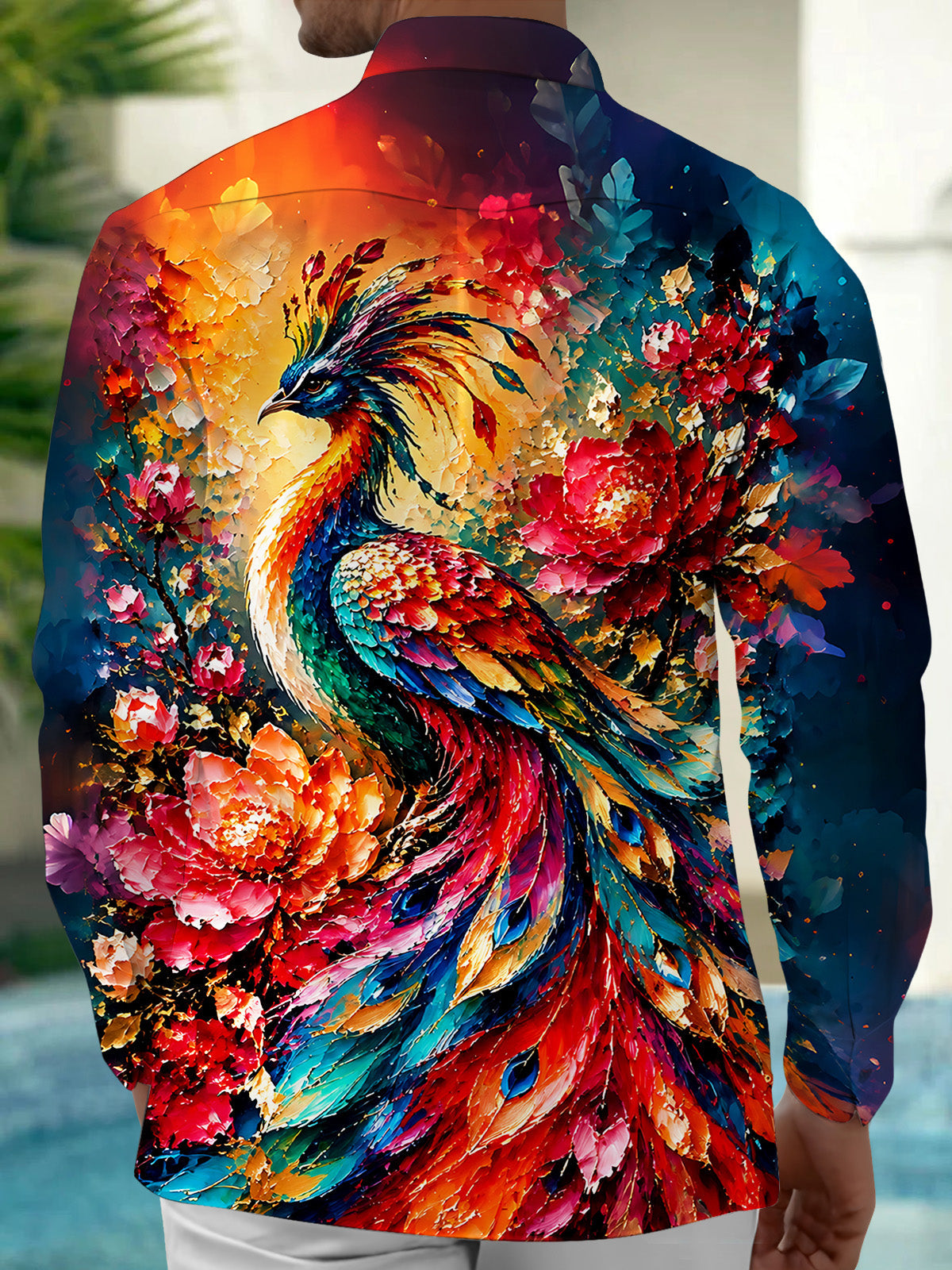 Adaychic Men's Hawaiian Peacock Bird Print Floral Pattern Long Sleeve Shirt with Chest Pocket