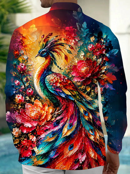 Adaychic Men's Hawaiian Peacock Bird Print Floral Pattern Long Sleeve Shirt with Chest Pocket