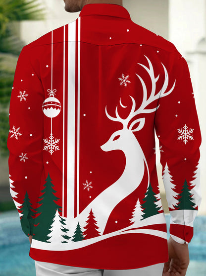 Adaychic Men's Printed Deer And Christmas Ornaments Print Long Sleeve Shirt with Chest Pocket