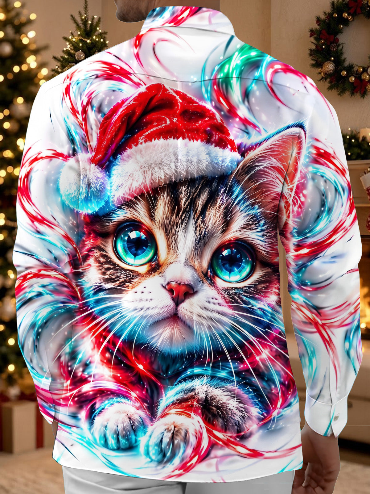 Adaychic Men's Graphic Cat Wearing Santa Hat Print Long Sleeve Shirt