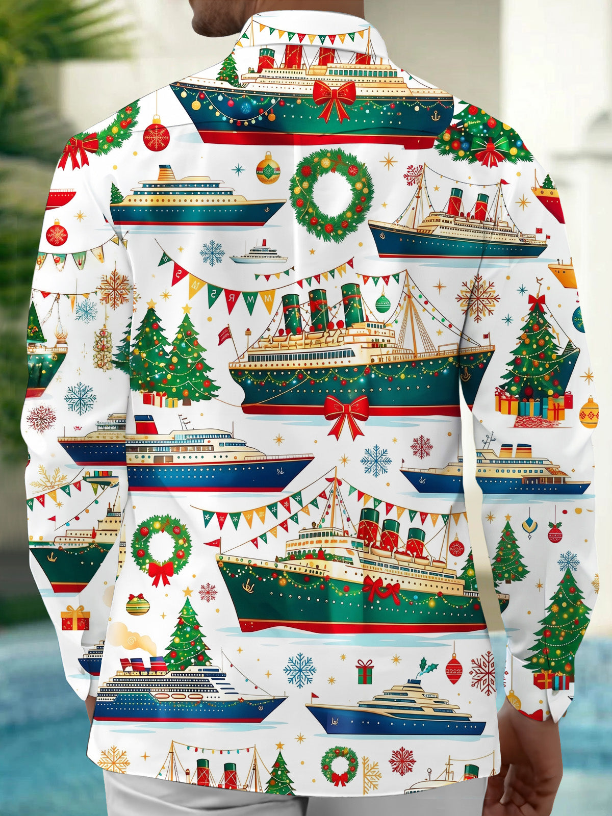 Adaychic Men's Long Sleeve Shirt - Christmas Cruise Ships And Holiday Ornaments Print with Chest Pocket