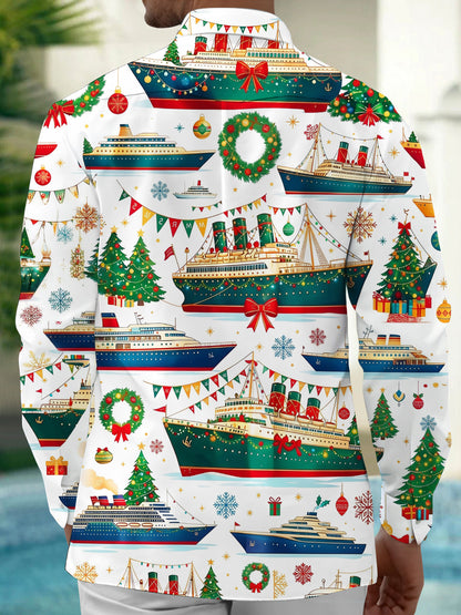 Adaychic Men's Long Sleeve Shirt - Christmas Cruise Ships And Holiday Ornaments Print with Chest Pocket