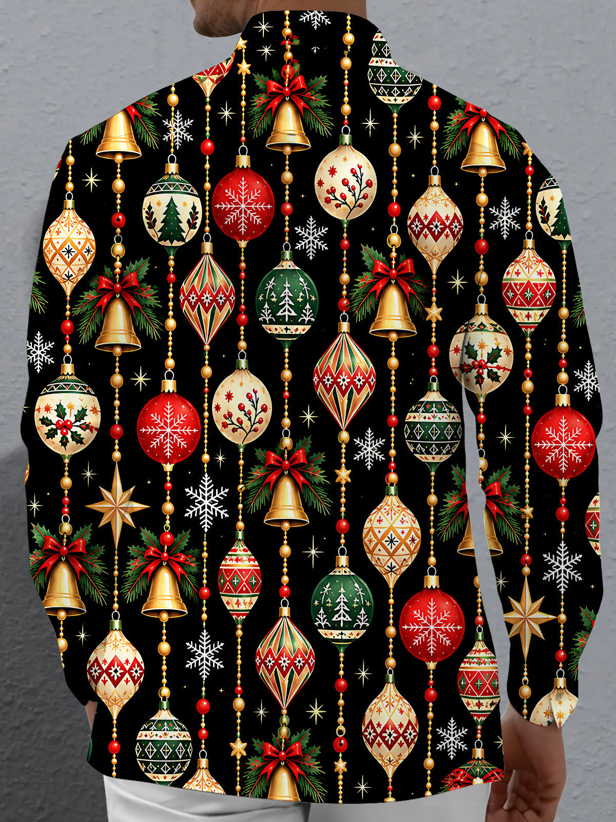Adaychic Men's Printed Christmas Ornaments Print Long Sleeve Shirt with Chest Pocket