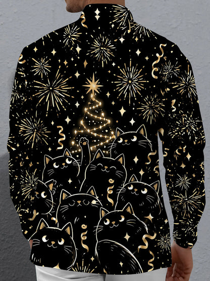 Adaychic Men's Long Sleeve Shirt - Black Cats And Christmas Tree With Fireworks Print with Chest Pocket