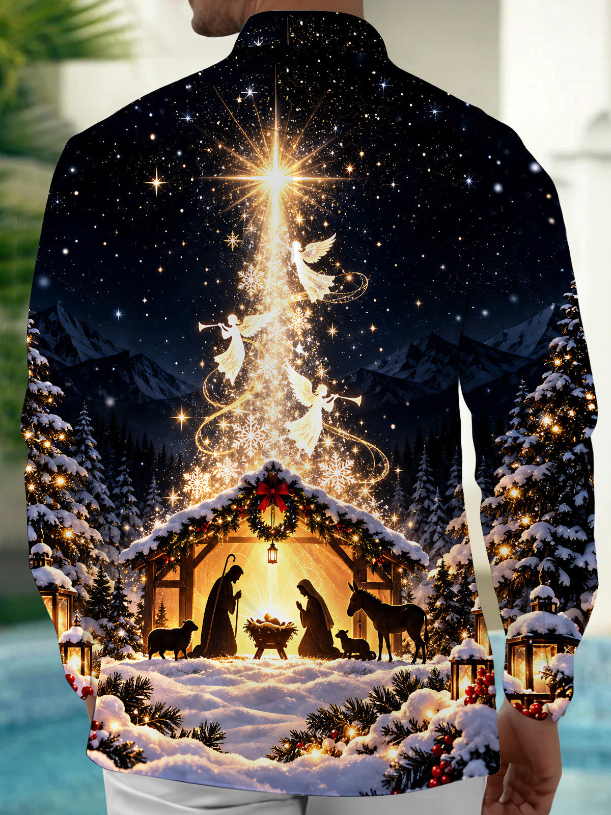 Adaychic Men's Printed Nativity Scene Print Long Sleeve Shirt with Chest Pocket