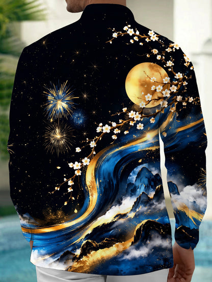 Adaychic Men's Printed Cherry Blossoms And Full Moon Print Long Sleeve Shirt with Chest Pocket