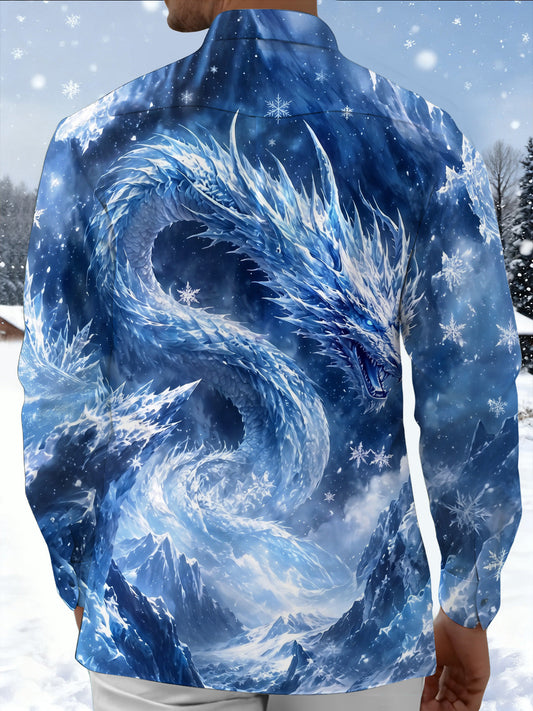 Adaychic Men's Graphic Ice Dragon Print Snowflake Pattern Long Sleeve Shirt with Chest Pocket