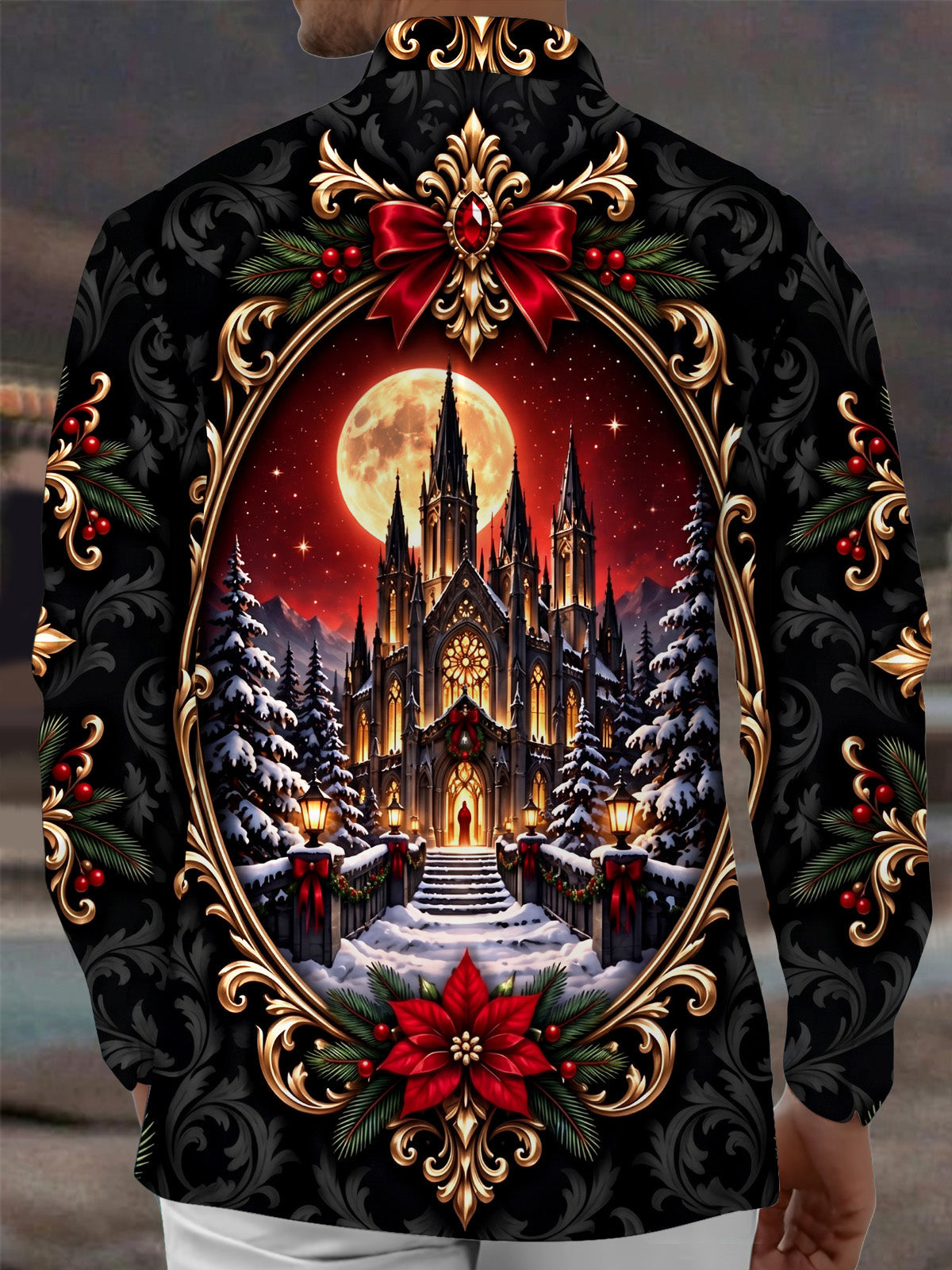 Adaychic Men's Long Sleeve Shirt - Christmas Gothic Castle And Snowy Pine Trees Under Full Moon Print with Chest Pocket
