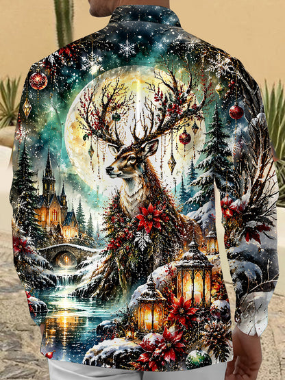 Adaychic Men's Graphic Christmas Elk Print Long Sleeve Shirt with Chest Pocket