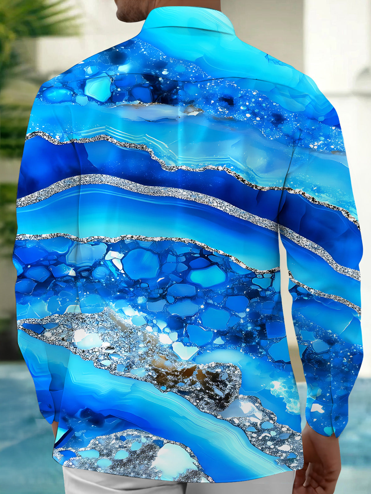 Adaychic Men's Printed Blue Agate Stone Pattern Long Sleeve Shirt with Chest Pocket